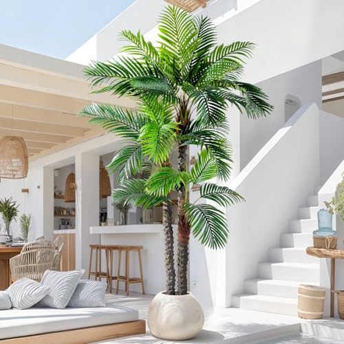 Big Faux Tropical Palm Trees Large Artificial Tree Indoor Outdoor Realistic Floor Plants Fake Silk Palm Plastic plantas for Modern Home Living Room Office Corner Patio Porch Decor Party Decorations - color: Beautiful Needle Palm, size: 8ft