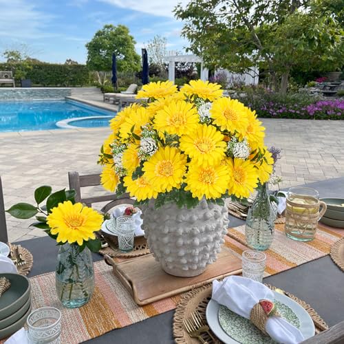 2PCS 18" Artificial Yellow Gerbera Daisy Bouquet, Farmhouse Decor | Table Centerpiece Decor, for indoor outdoor, silk flower, fake flowers, faux flowers, for vase, vase filler - color: Yellow-2pcs