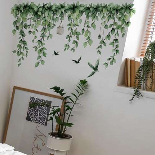 2 Sheets Green Plants Leaves Wall Decals Removable Green Hanging Vines with Birds Wall Stickers Peel and Stick Vinyl Leaf Wall Decor for Bedroom Living Room Bathroom Classroom Decorations - style: Green Plants Leaves 2