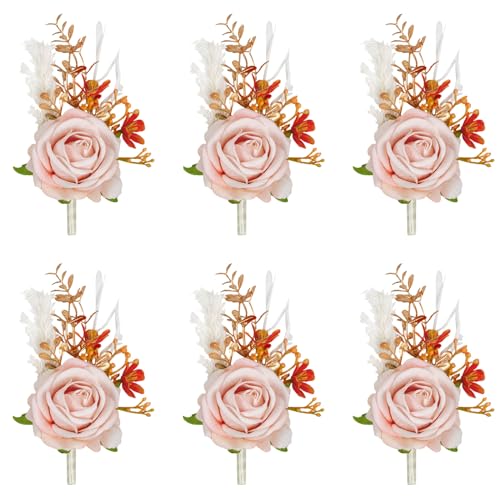 Pink Velvet Rose Boutonniere for Men,Set of 6,Groom and Best Man Boutonnieres with Artificial Flower,for Wedding Ceremony Anniversary, Formal Dinner Party, Fall Vintage Rustic Marriage Prom - color: 6pcs Pink Boutonnieres