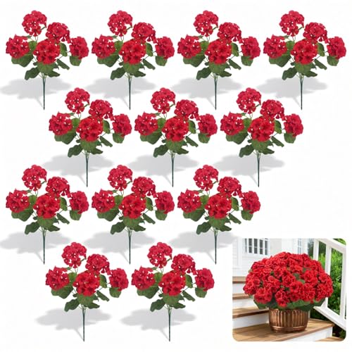 12Pcs Red Geraniums Artificial Flowers Realistic Silk Faux Geranium Outdoor UV Resistant Bush Planter Fake Outside Plants for Porch Patio Garden Cemetery Home Decor (Red) - color: Red-12pcs