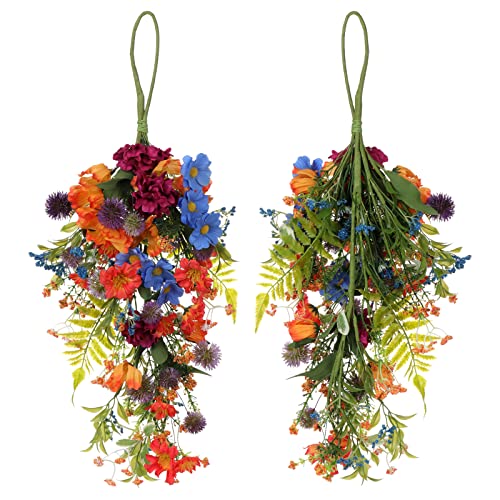 22.8in Artificial Daisy Teardrop Swag, Colorful Floral Swag with Green Leaves, Fake Daisy Flower Swag Front Door Decorative Swag for Door Wall Wedding Arch Decor(Colorful)