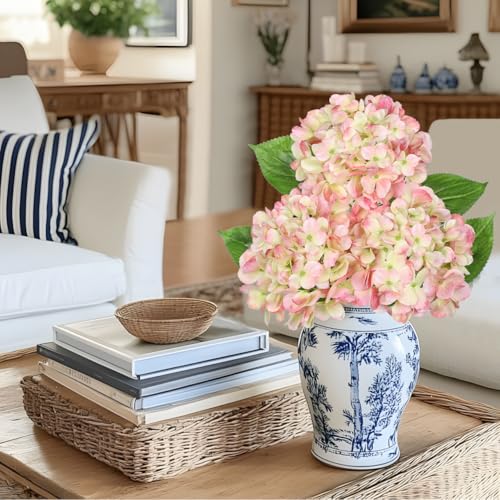 Oairse 3Pcs Pink Hydrangea Artificial Flowers 19.7 in Real Touch Faux Hydrangea Stems Silk Flowers with Stems Fake Pink Flowers Bouquet for Floral Arrangements Table Centerpieces Wedding Home Decor - color: Pink Mixed Cream