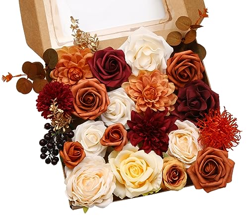 Artificial Flowers Combo Box for DIY Wedding Bouquet Arrangement, Silk Faux Flower for Bridal Table Centerpieces Party Cake Baby Shower（Orange & Burgundy） - color: Orange & Burgundy