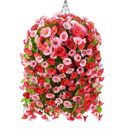 Homsunny Artificial Faux Hanging Flowers Plants Baskets for Outdoor Spring Summer Decorations,Resistant Fake Morning Glory Silk Plants for Outside UV Resistant Patio Yard Home Porch Decor(Rose red) - color: Rose Red