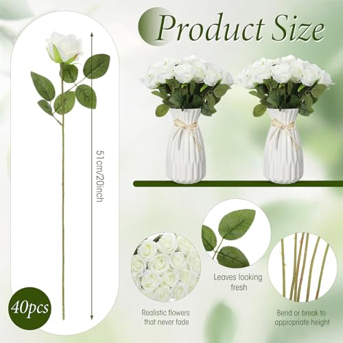 Hotop 40 Pcs Rose Artificial Flowers Bulk with Long Stem,Realistic Silk Fake Roses Bouquet for Home Wedding Centerpieces Party Table Decoration Valentines Gifts(White) - color: White