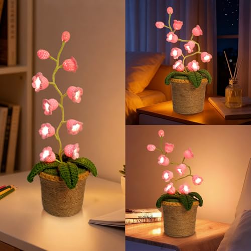 Lily of The Valley Lamp, Crochet Artificial Flowers with 10 Little Night Lights, Cordless Flower Bedside Lamps Small Table Lamp for Mothers Day,Birthday Gifts,Christmas,Valentine Home Decor (Pink) - color: Pink
