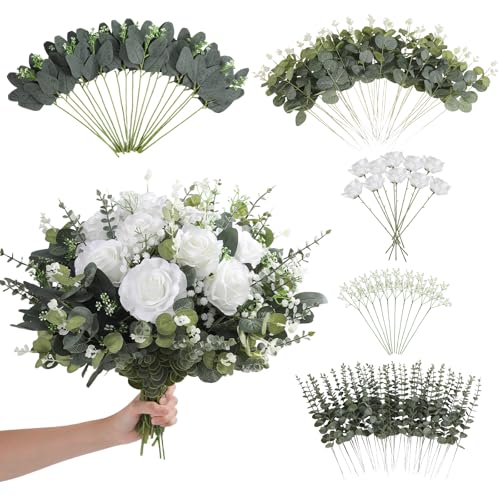 120 Pcs Mixed Artificial Eucalyptus Leaves Stems Bulk,Baby Breath Artificial Flowers Bulk with Eucalyptus Leaves Greenery Stems for DIY Bouquets Wedding Floral Home Decor (Green+White-120pcs) - color: Green+white-120pcs