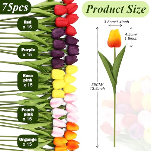 Janinka 75pcs Artificial Tulip Flowers Fake PU Tulips Faux Latex Bouquet Flower Centerpieces Arrangement Floral for Wedding Spring Decorations (1 Head,Pink,Red,Purple,Orange,Yellow) - color: Pink, Red, Purple, Orange, Yellow