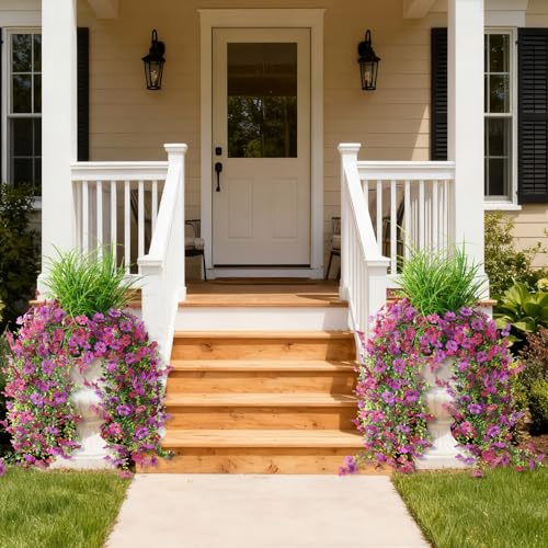 Artificial Hanging Flowers with Wheat Grass for Outdoors, 5 Pcs Fake Hanging Plants for Spring Decor, UV Resistant Faux Silk Flower Greenry for Planter Porch Patio Yard Garden(Light Purple Red) - color: Z Light Purple Red With Grass