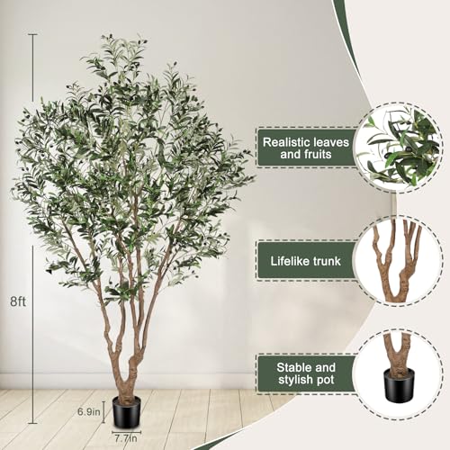 Faux Olive Tree 8ft - Large Olive Trees Artificial Indoor with Lifelike Trunk and Realistic Leaves - Full and Grand Design Fake Olive Tree for Modern Home Office Decor - size: 8ft