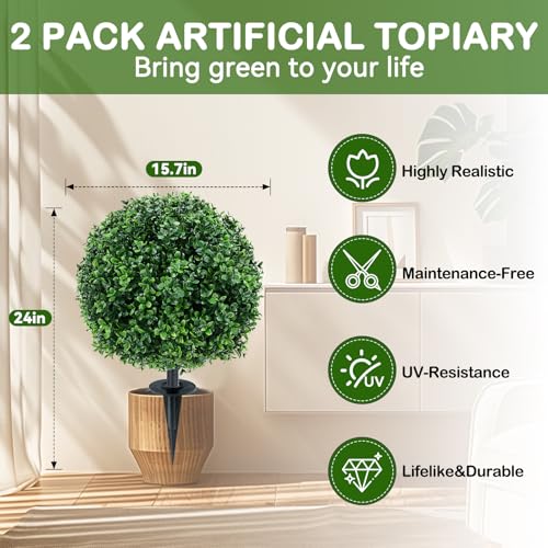 Artificial Boxwood Topiary Ball Trees with Ground Spikes UV Resistant Faux Greenery Shrubs Fake Shrubs for Outdoors, Realistic Faux Plants Bushes for Garden Porch Yard Patio Decor (Green Boxwood) - color: Green Boxwood