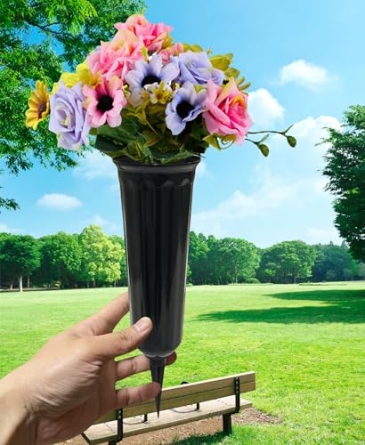Memorial Floral Vases, Cemetery Vase, Headstones Flower Holder, Grave Cone Vase, Flower Pots for Outdoor Plants, Decorative Plastic Containers (Set of 6, Black) - color: Black