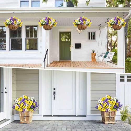 SupBri Artificial Pansies Hanging Flowers with Basket & 2 Fake Butterflies, Silk Flowers for Outdoor Spring Summer Decor, UV Resistant Hanging Plants for Garden Porch Patio (1 Set - color: Hanging Set (Yellow/Purple/White )