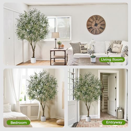 Jocoevol Olive Trees Artificial Indoor, 7ft Realistic Artificial Olive Tree with Natural Wood Trunk Lifelike Fruits Pre Assembled No Maintenance, Sturdy White Planter for Home Office Decor Perfect - size: 7ft