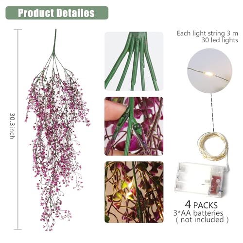 RECUTMS 4Pcs Fake Ferns Artificial Hanging Plants with 30 LED Lights Ivy Flowers Large Faux Hanging Plant for Indoor Outdoor Room Garden Porch Wedding Party Decorations (Fuchsia) - color: Fuchsia-light