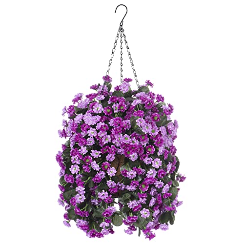 Ammyoo Artificial Flowers in Hanging Basket for Outdoors Spring Decor, Fake Mums Flowers Faux Plants with Basket for Indoors Home Porch Garden Yard Patio Decoration (Purple Pink) - color: Purple Pink