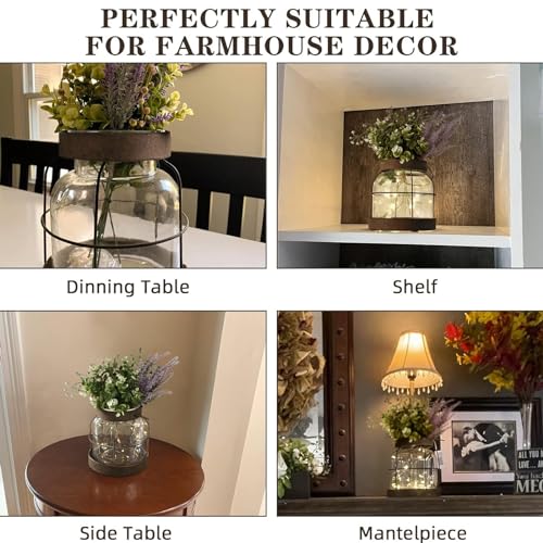 Vintage Glass Farmhouse Vase, Rustic Lantern Decor with Plants Lavenders Lights Vintage Style Vase for Home Decor Floral Arrangement Housewarming Hostess Gift - color: Vase+greenery+light+lavender