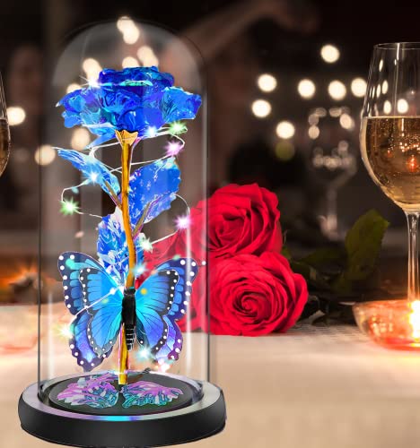 Mothers Day Rose Flower Gifts for Mom, Birthday Gifts for Women, Galaxy Crystal Light Up Rose Flowers in A Glass Dome, Mother Day Presents Wife Grandma Sister Her Mom from Daughter Butterfly Blue - color: A-blue