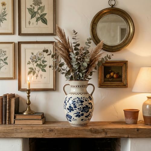 EFISPSS Ceramic Vintage Vase,Spring Decor Unique Chinese Crackle Floral Handle for Dining Room Mantle Living Room,Blue - color: Blue