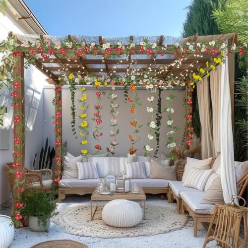 6 Pcs Wildflower Garland Spring Flowers Garland 12 FT Colorful Artificial Daisy Flowers and Leaves Faux Floral Vine for Mantle Baby Shower Wedding Arch Porch Staircase Summer Decor - color: Blue, Rose Red, Orange, White, Pink and Yellow