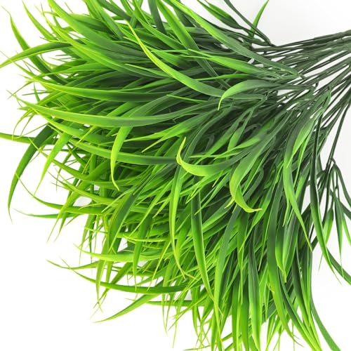 Ouddy Decor 16 Bundles Artificial Plants Outdoor Fake Grass Greenery Stems UV Resistant Faux Plastic Shrubs for Spring Summer Garden Pathway Window Box Front Porch Home Decor, Green - color: Green