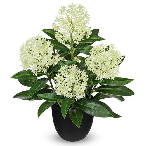 Briful Artificial Potted Flowers, 14.2in Realistic Faux Skimmia Japonica Flowers with Berries Silk Floral Centerpiece for Home Office Bathroom Kitchen Shelf Table Decor, White - color: White