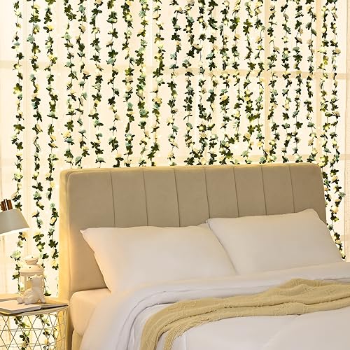 BLEUM CADE 12Pcs 98.4Ft Flower Garland Artificial Rose Vines with 98.4Ft String Lights, Cute Fake Hanging Flower Vines Floral Garland Decorations for Wedding Party Wall Room Decor Aesthetic - color: Blue & White With Lights, size: 12 Pcs