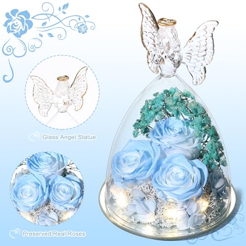 Mothers Day Rose Gifts for Women Preserved Real Flower in Glass Angel Figurines Roses for Delivery Prime Birthday Gifts for Mom Grandma Girlfriend Wife Her, Sky Blue White - color: Sky Blue White