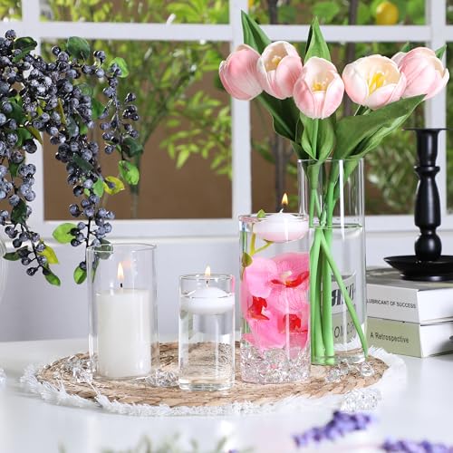 24 Pcs Floating Candles 12 Glass Vases for Centerpieces with 400 Acrylic Fake Ice Cubes 6 Pearl String Vase Filler Floating Candle Centerpieces for Tables Party Event Wedding Home Decor