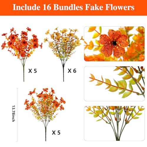 16 Bundles Artificial Fall Flowers for Outdoors, Realistic Fake Silk Flowers with Eucalyptus, No Fade Faux Fall Plants for Planter, Patio, Front Porch & Garden Decor - color: 5fall+5sunset+6yellow, size: 16PCS