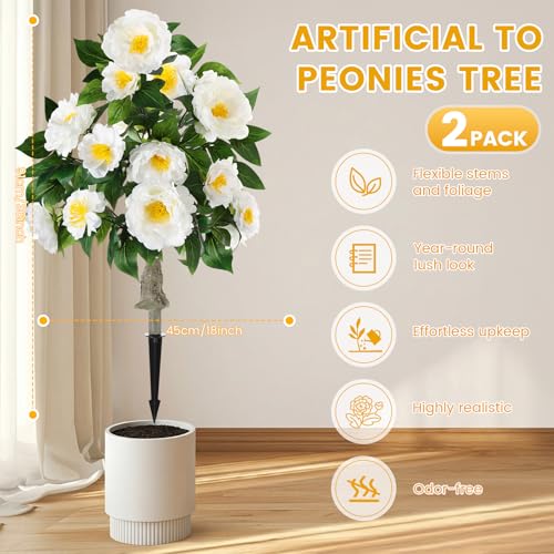 Thiccywoov 2 Pack 36" Artificial Peonies Flowers for Outdoor, 3 Ft Faux Outdoor Plants with Spike UV Resistant Realistic Fake Floral Bush for Indoor Front Door Porch Backyard(White) - color: White
