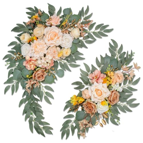 Wedding Welcome Signs Floral(Pack of 2)，Wedding Arch Flowers for Wedding Decorations and Reception Backdrop Decoration (New Champagne) - color: New Champagne