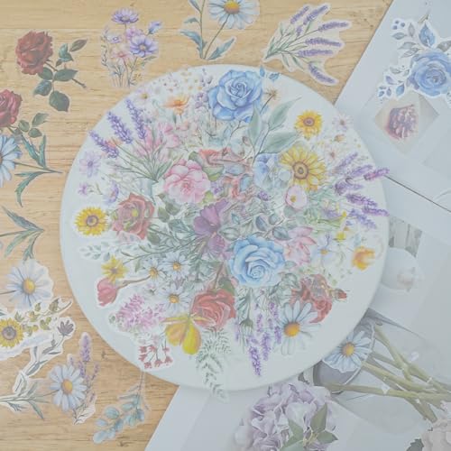 100 Pcs Natural Flower Stickers for Scrapbooking Junk Journal Notebook Planner Card Making Collage Envelope Water Bottle Phone Case Craft, Rose, Daisy, Lavender, Sunflower, Wildflower Stickers - color: Mix Flowers