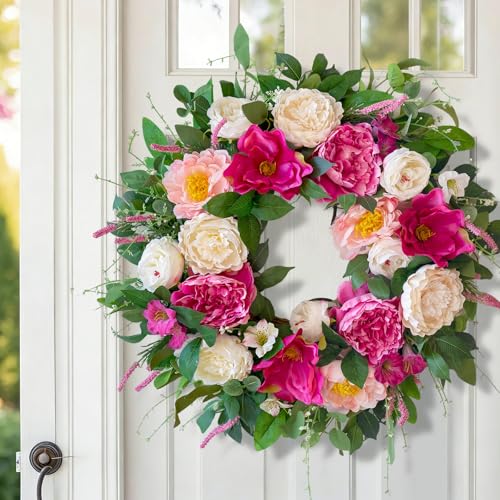 24 Inch Spring Wreaths for Front Door Outside,Artificial Silk Peony Rose Magnolia Spring Summer Wreath with Lavender Greenery | Luxury Summer Wreaths for Front Door-Indoor Outdoor Wreath Decor - color: White Pink Peony