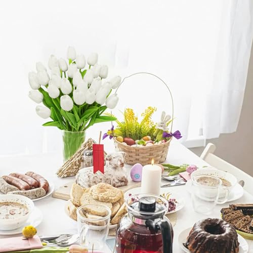 28pcs White Flowers Artificial Tulip Stems Real Feel PU Tulips for Easter Spring Wreath Wedding Bouquet Centerpiece Floral Arrangement Cemetery Table Décor 13" Tall - color: White