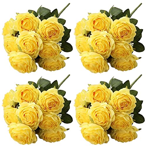 Jasion 4 Bundles Artificial Roses Flowers 10 Heads Arrangement Silk Bridal Bouquet for Home Office Parties and Wedding Decoration (Yellow 4pcs) - color: Yellow 4pcs