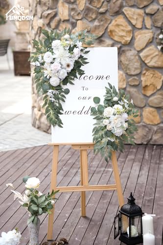 Artificial Wedding Arch Flowers Set of 2, Faux Floral Swag for Wedding Welcome Sign, Ceremony and Reception Backdrop Decoration (White) - color: White
