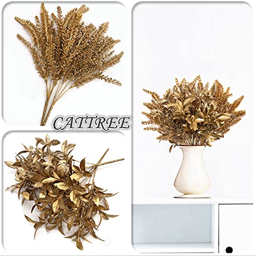 CATTREE Artificial Gold Plants, Plastic Leaves Golden 4 Pack, Fake Grass Faux Shrubs Bushes for Home Indoor Outdoor Garden Leaf Wedding Christmas Festival Decoration Hall Table Planter Filler - color: Gold Leaves Grass-2 Pcs & Gold Lavender-2 Pcs