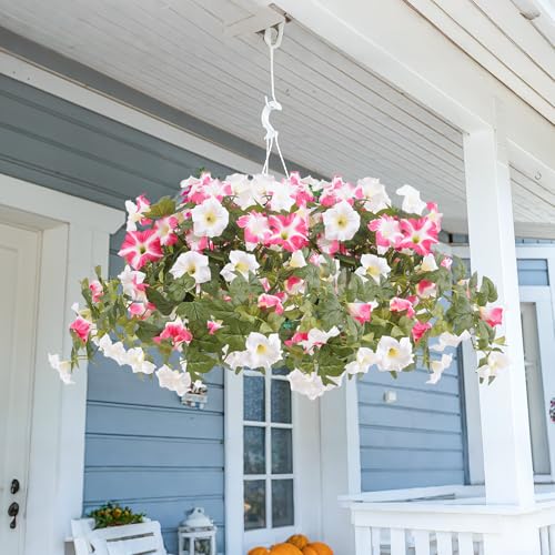 Artificial Fake Petunia Flowers Plants for Outdoor Decoration, Faux Realistic Floral Plants, UV-resistant realistic flower bouquet, Ideal for Garden, Porch, Balcony, Home, Wedding Party Decor（2pcs） - color: Pink White