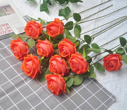 Kenpal Realistic Fake Roses Artificial Flowers with Stem for Decoration Floral Arrangement Centerpieces Wedding Bouquets (10, Orange) - color: Orange