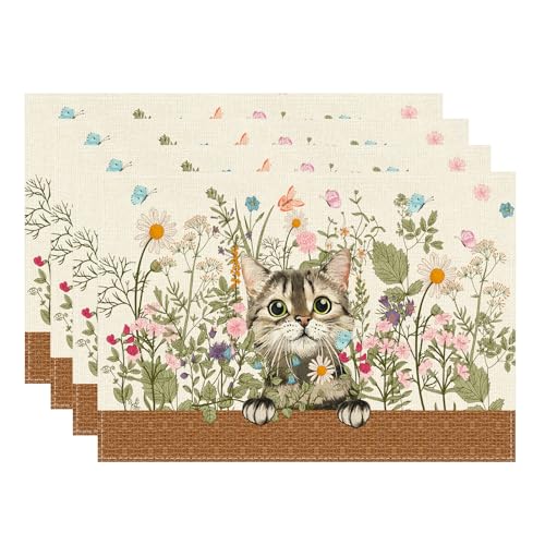 XCHI Wildflowers Cat Daisy Spring Placemats Set of 4 Summer Table Mats for Party Home Kitchen Dining Table Decorations 12x18 Inch - size: 12x18 Inch