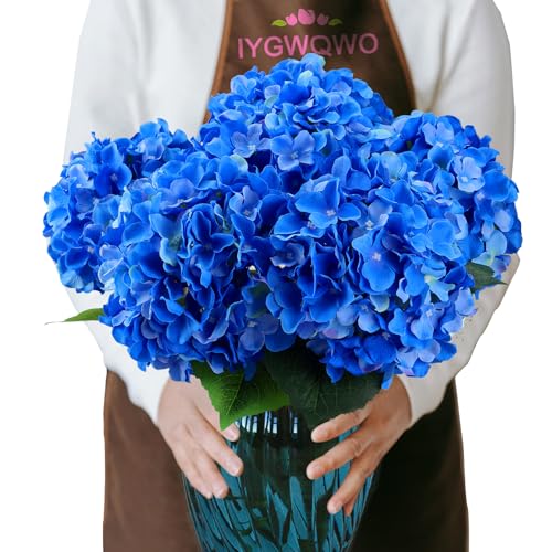 6PCS Large Silk Hydrangea Flowers, 20 in Full Faux Hydrangea Artificial Flowers with Stems Leaves for Fake Bouquets Home Wedding Party Centerpieces Arrangements Indoor Outdoor (Dark Blue) - color: Dark Blue