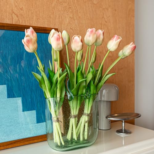 Artificial Tulips Flowers,Soft Touch Latex Bouquet, Fake Tulips,Spring Wedding Home Room Table Centerpiece Decor - color: Pink Champagne(no Vase)