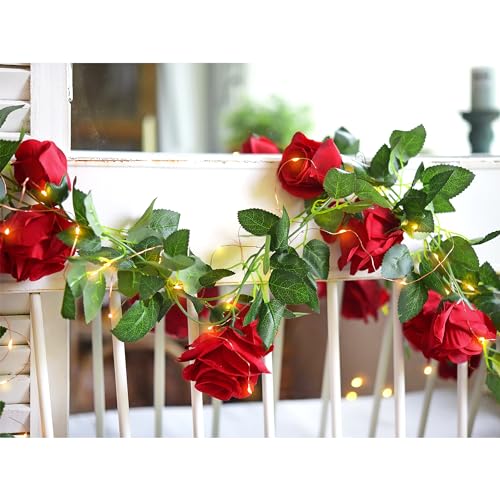 FiveSeasonStuff 29 Ft 4 Pack Christmas Red Rose Silk Flower Garland Artificial Flowers Decoration Hanging Floral with 66 feet String Lights - color: Christmas Red With Fairy String Lights