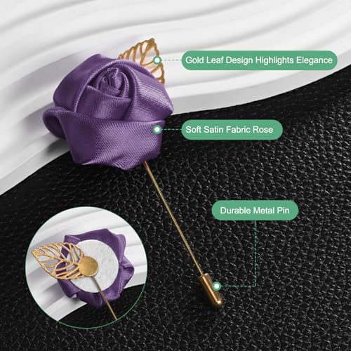 M METERXITY 1-Pack Flower Lapel Pins for Men, Golden Leaf Rose Boutonnieres Pin Groom Boutonnieres for Wedding/Dance/Party, Men Lapel Pins for Suits Satin Flower Corsage [Purple] - color: Purple