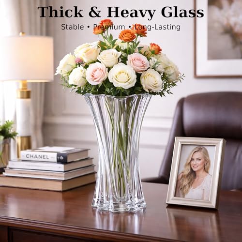 Crystal Glass Vase – Heavy Crystal Vase for Flowers with Weighted Bottom, Thick Durable Decorative Vases for Modern Home Decor, 9.8″ 3.5lb Clear Centerpiece (Transparent) - color: Transparent