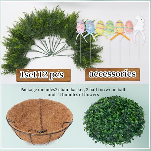 Artificial Easter Hanging Basket - 24 Cedar Branches, 12 Decorative Eggs & 2 Bunny - Easter Porch Decor for Patio, Home, Spring Outdoor/Indoor Hanging Planter 22-Inch 2PCS