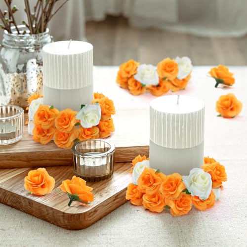 Yinsun 50pcs Mini Orange Roses Artificial Fake Flower Heads, 1.57” Real Touch Orange Silk Fake Flowers for DIY Dinner Party Day of The Dead Decoration - color: Orange, size: 1.57 Inch