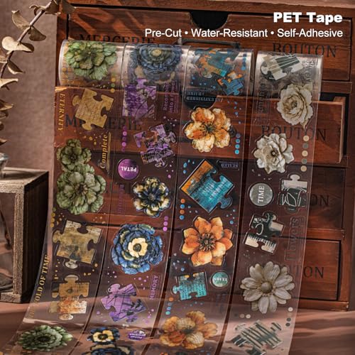 6-Roll Puzzle Piece Floral PET Tape Set – Pre-Cut Transparent Vintage Collage Flower Stickers for Scrapbooks Journals Planners Cards & DIY Craft Decoration - style: Floral Fragment